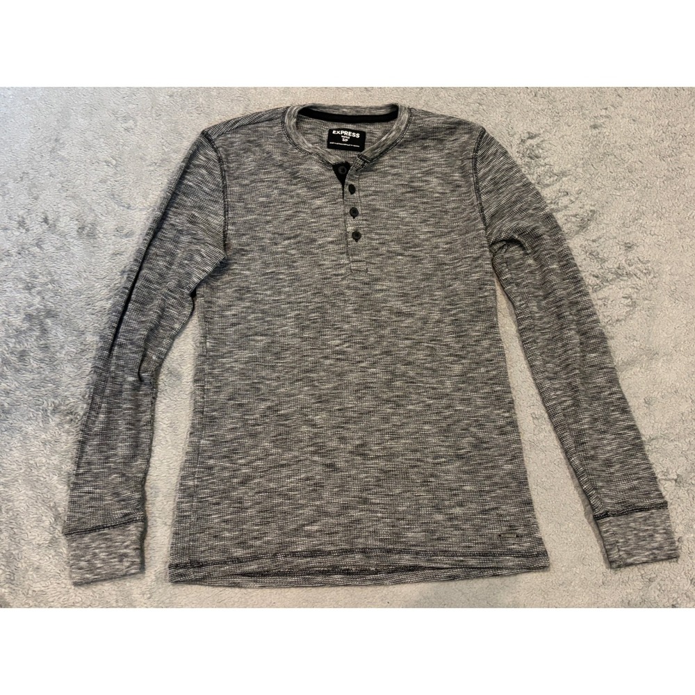 Express Mens Waffle Knit Henley Shirt Small Gray Space Dye Long Sleeve Thermal